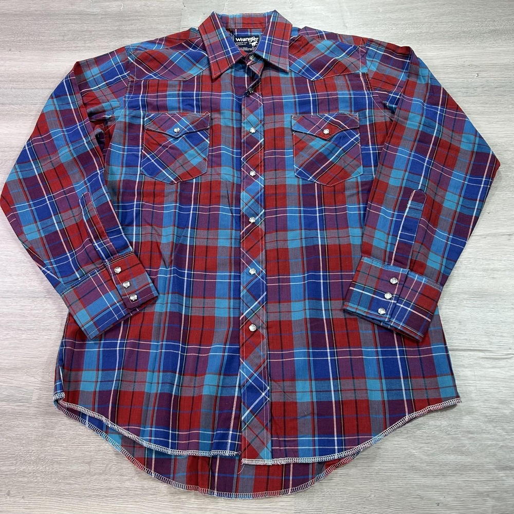VINTAGE Wrangler Cowboy Cut Shirt Mens 16x34 Plaid Western Pearl Snap Made USA